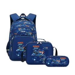 Cusangel 3pcs Set Navy Plane Flight Printing Waterproof Nylon Kids Backpack with Lunch Bag and Pencil Case for Boys School Bags