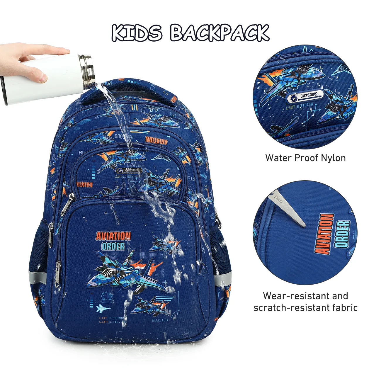Cusangel 3pcs Set Navy Plane Flight Printing Waterproof Nylon Kids Backpack with Lunch Bag and Pencil Case for Boys School Bags