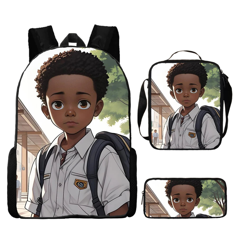 Custom Print 3 in 1 School Bag Set African Black Girl Boy School Bags Backpack Fashion Kid Book Bag for Children