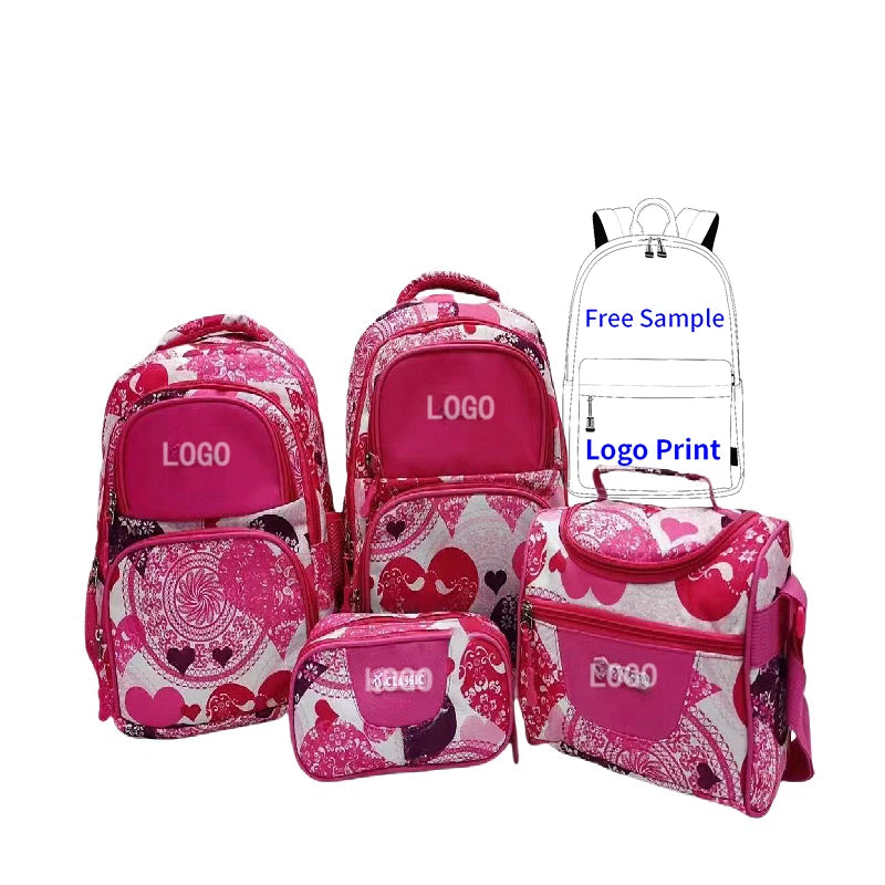 custom student backpack Lightweight Kids Backpack Set | Pink - White Heart - Patterned School Bag with Cute Lunch Box for Girls
