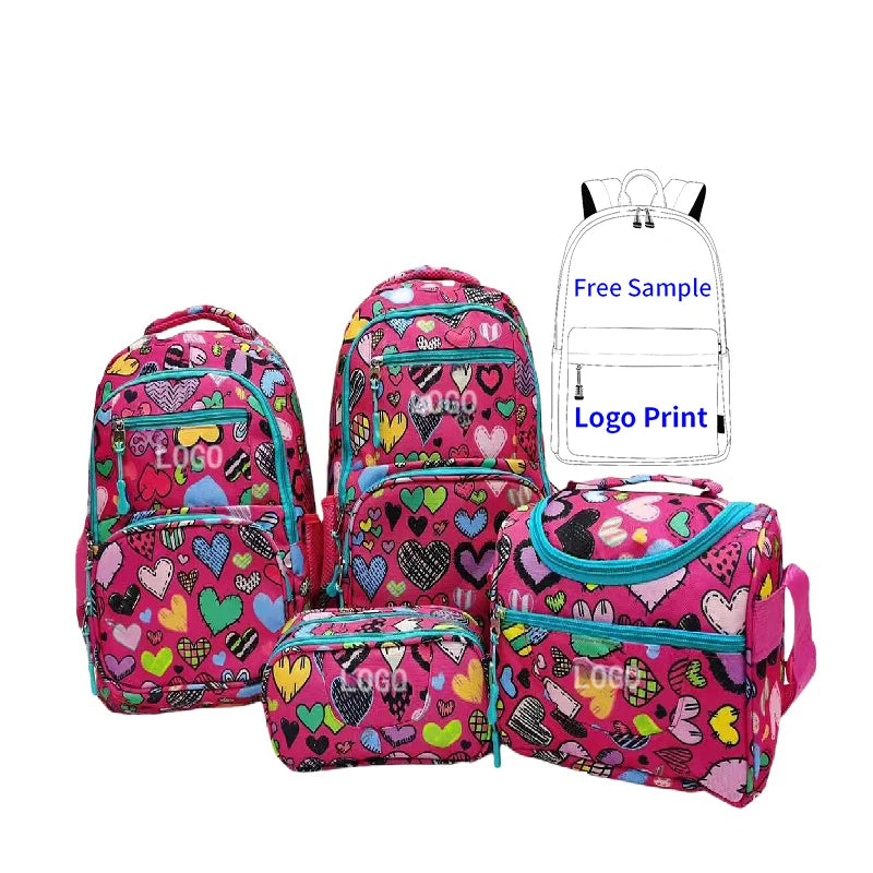 custom student backpack Lightweight Kids Backpack Set | Pink - White Heart - Patterned School Bag with Cute Lunch Box for Girls