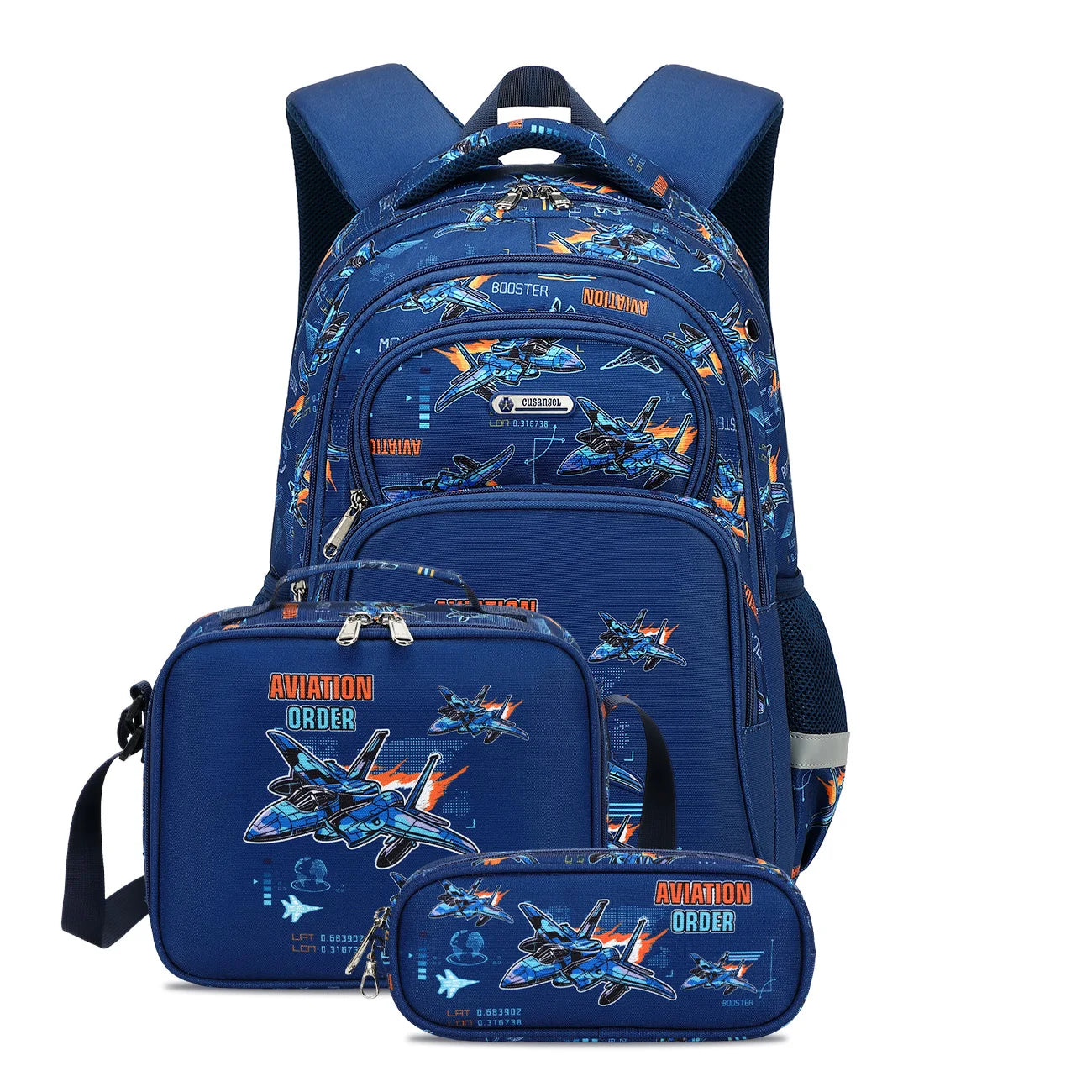 Cusangel 3pcs Set Navy Plane Flight Printing Waterproof Nylon Kids Backpack with Lunch Bag and Pencil Case for Boys School Bags
