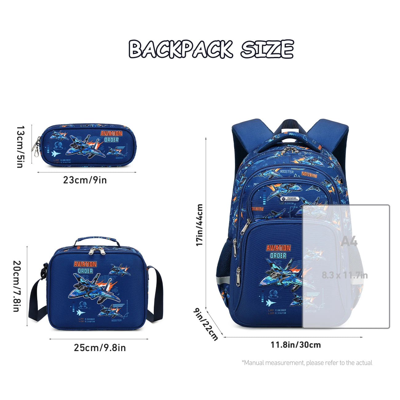 Cusangel 3pcs Set Navy Plane Flight Printing Waterproof Nylon Kids Backpack with Lunch Bag and Pencil Case for Boys School Bags