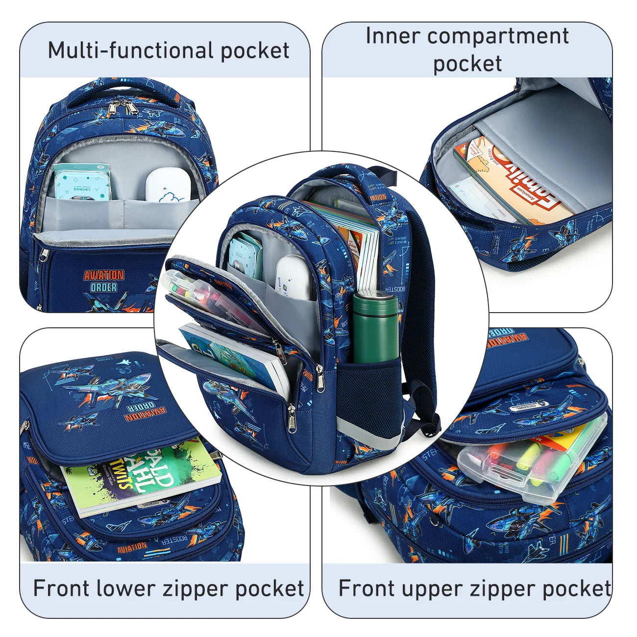 Cusangel 3pcs Set Navy Plane Flight Printing Waterproof Nylon Kids Backpack with Lunch Bag and Pencil Case for Boys School Bags