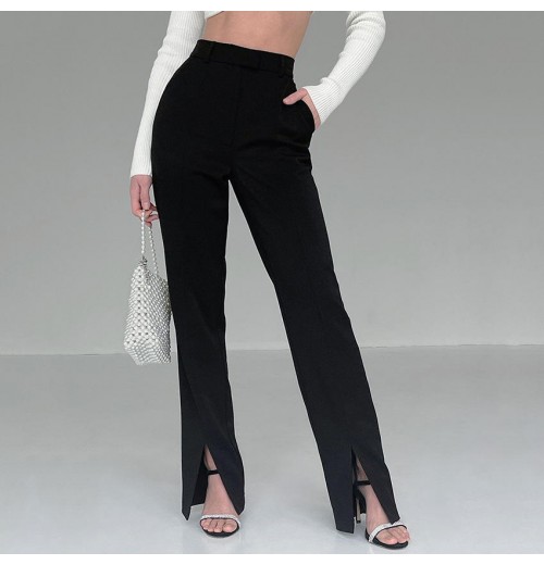 2022 wholesale vendor women clothing slit solid black slim fashion new design casual ladies pants trousers